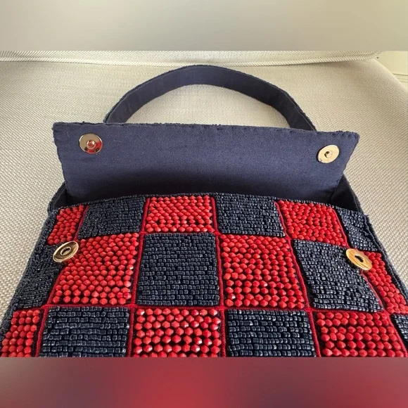 ANTHROPOLOGIE NWT The Fiona Beaded Checkered Floral Shoulder Bag Red Navy - Picture 7 of 8
